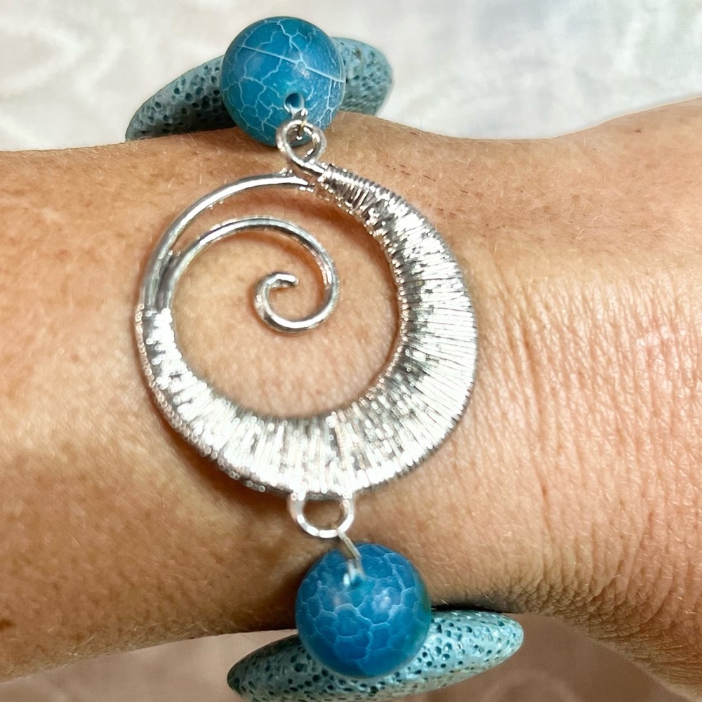 Boho beachy fun bracelet in lava stone, wood, acrylic, & glass beads